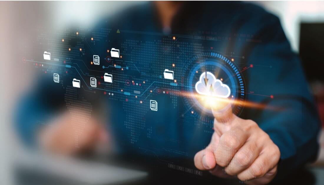 Types of EDMS concept with cloud storage and digital documents.