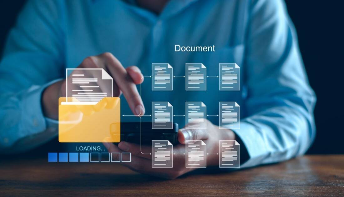 A person using a smartphone with a digital interface showing records and information management, symbolizing efficient document storage and retrieval.