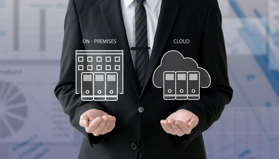 A business professional in a suit comparing on-premises servers and cloud-based document storage, with illustrated icons representing each storage option above their open hands.