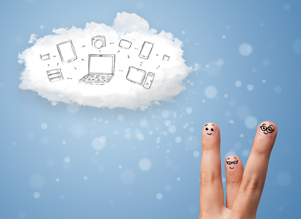 Happy cheerful smiley fingers looking at cloud computing with technology icons